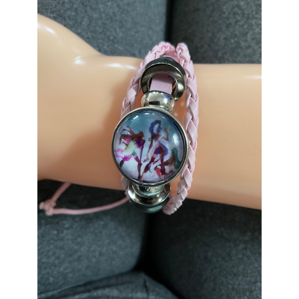 Pink Braided Faux Leather Snap Button Bracelet Art Charm Silver Tone KPop #2